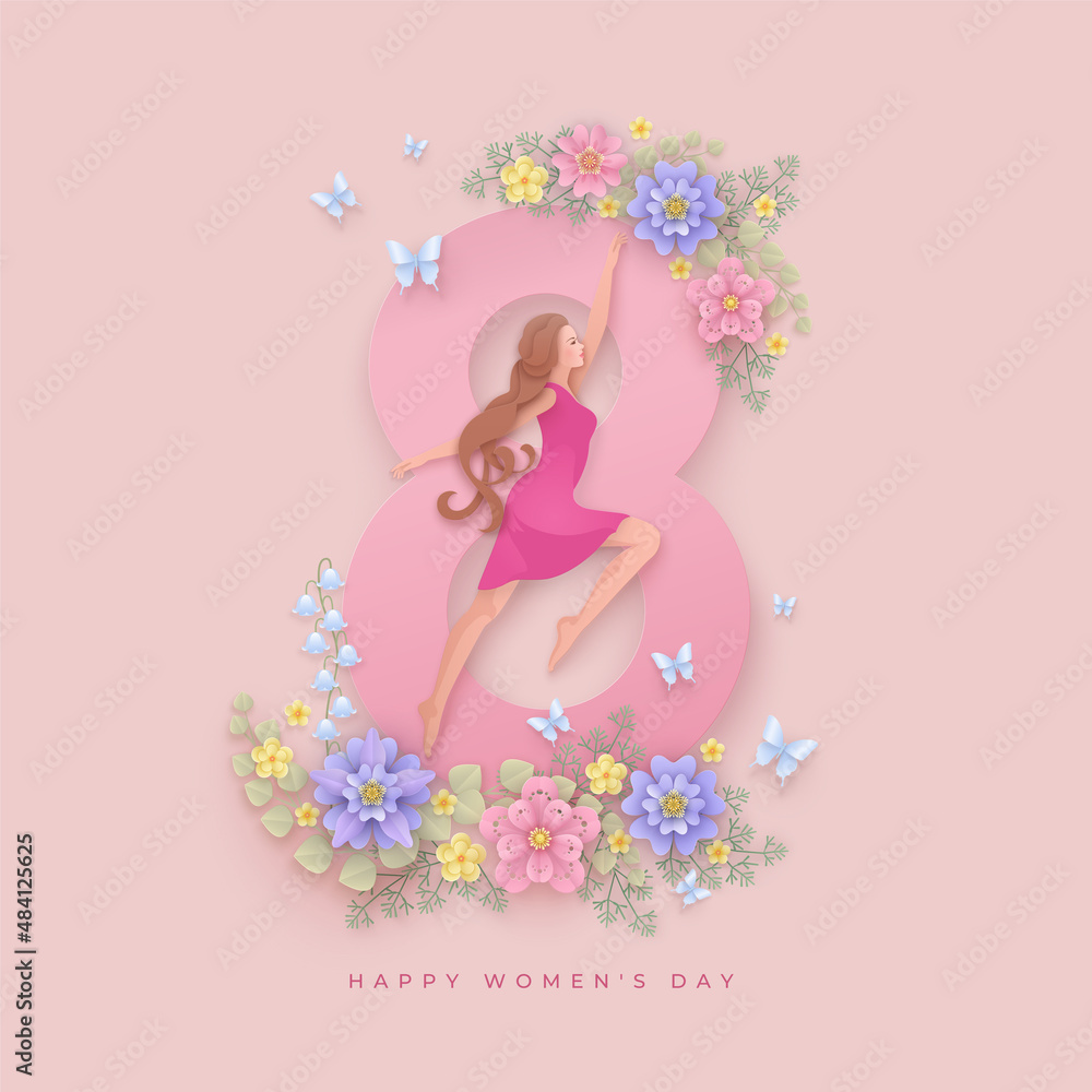 Womens day greeting card with woman and flowers Womens day greeting card with woman and flowers