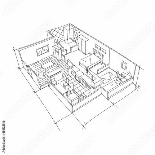 Interior sketch hand drawn. House plan, vector illustration