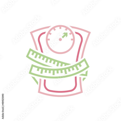 Weight loss icon, measuring tape wrapped around scales shaped of waist.