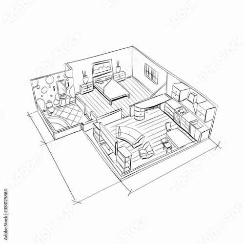 Interior sketch hand drawn. House plan, vector illustration