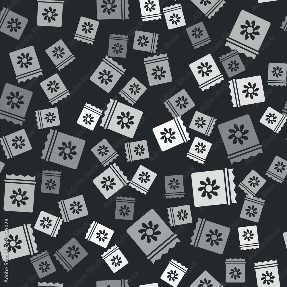 Grey Pack full of seeds of a specific plant icon isolated seamless pattern on black background. Vector Grey Pack full of seeds of a specific plant icon isolated seamless pattern on black background. Vector