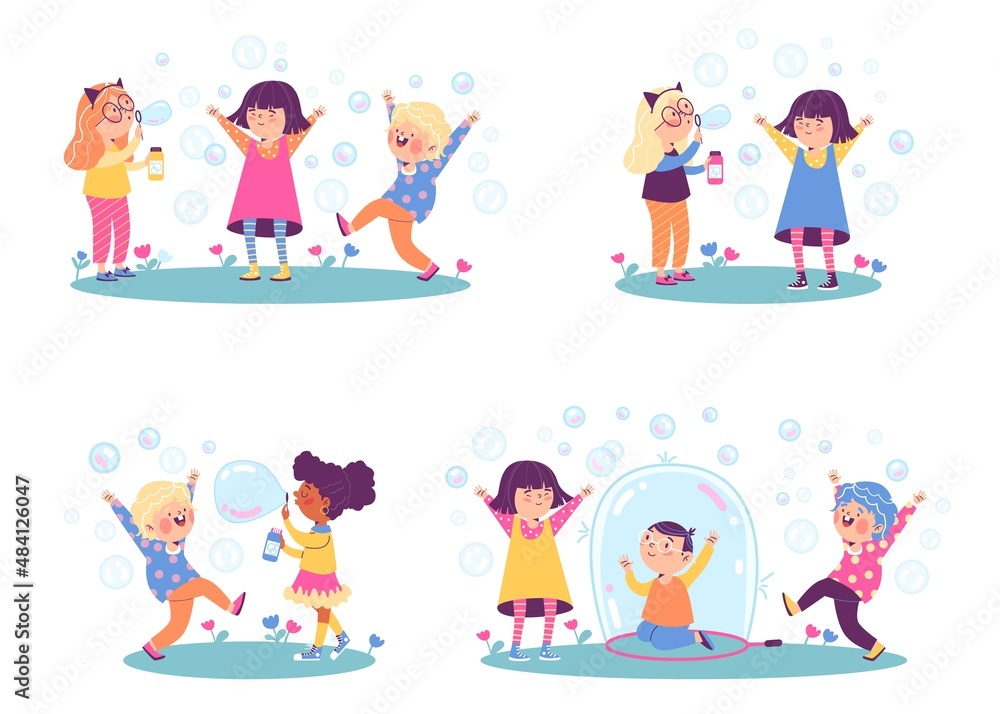 Children playing with soap bubbles outdoor on playground, flat vector illustration isolated on white background. Children playing with soap bubbles outdoor on playground, flat vector illustration isolated on white background.