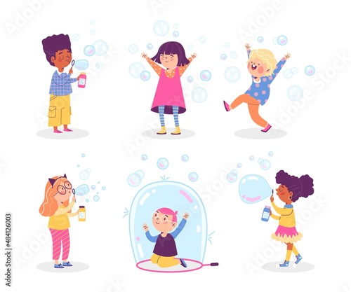 Cute kids playing with soap bubbles, set of vector cartoon characters illustration isolated on white background.