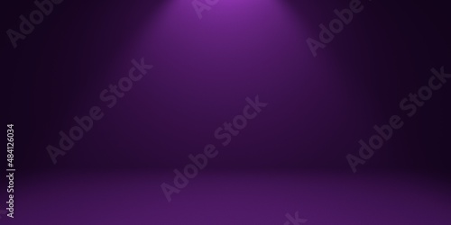 Purple empty background with studio spotlight on top in the form of a cone with darkened edges. 3d render