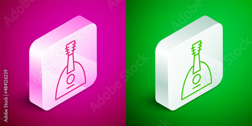 Isometric line Musical instrument balalaika icon isolated on pink and green background. Silver square button. Vector