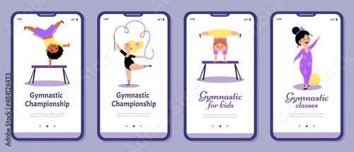 Gymnastics classes and championship event banners set, flat vector illustration.