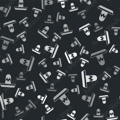 Grey Traditional mexican sombrero hat icon isolated seamless pattern on black background. Vector