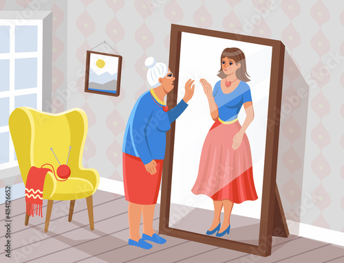 Old woman seeing his young self in the mirror.Old woman remembering himself in the young age. Youth and old age. Vector illustration in cartoon style