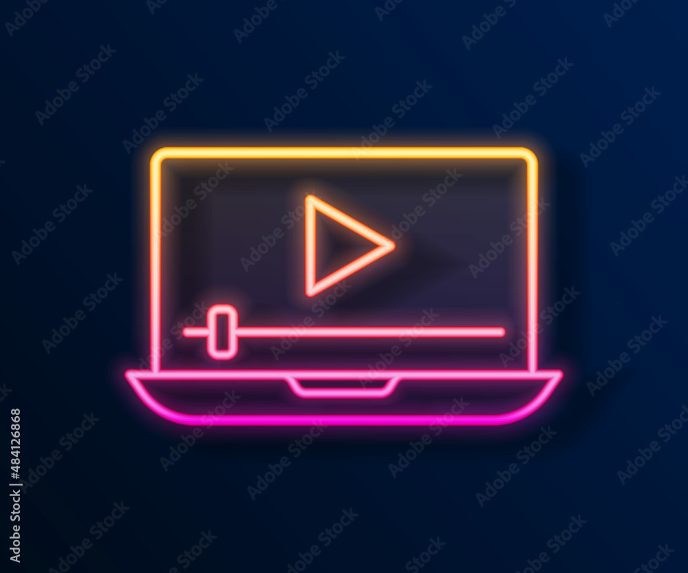 Glowing neon line Online play video icon isolated on black background. Laptop and film strip with play sign. Vector Glowing neon line Online play video icon isolated on black background. Laptop and film strip with play sign. Vector