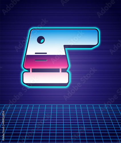 Retro style Electric sander icon isolated futuristic landscape background. Orbital sander. For floor and wooden planks sanding sandpaper. 80s fashion party. Vector
