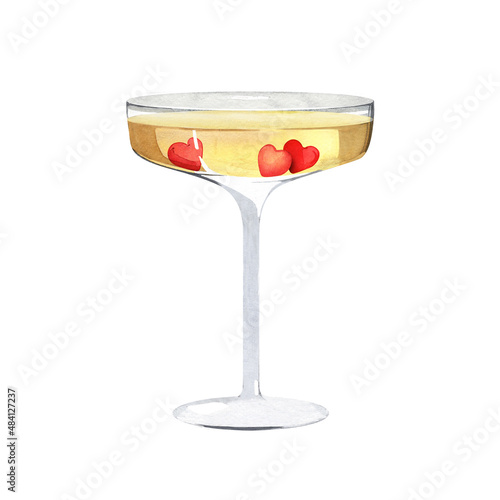 A glass of champagne with decorative red hearts at the bottom of the glass. A glamorous drink for Valentine's Day. Watercolor illustration on isolated background for Love Party.