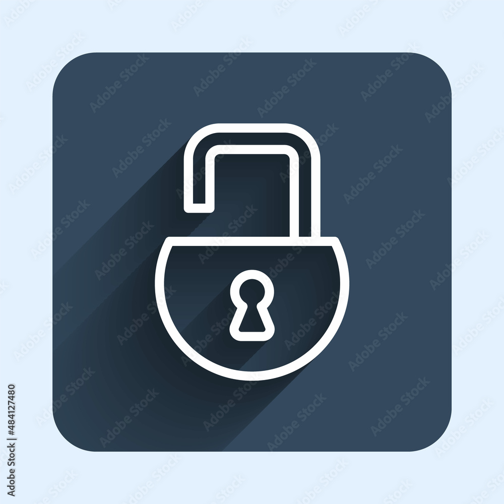 White line Open padlock icon isolated with long shadow background. Opened lock sign. Cyber security concept. Digital data protection. Blue square button. Vector White line Open padlock icon isolated with long shadow background. Opened lock sign. Cyber security concept. Digital data protection. Blue square button. Vector