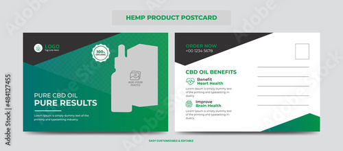 Hemp or CBD product postcard. Cannabis sativa product sale or promotion postcard design template