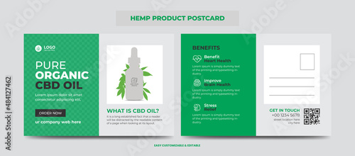 Hemp or CBD product postcard. Cannabis sativa product sale or promotion postcard design template
