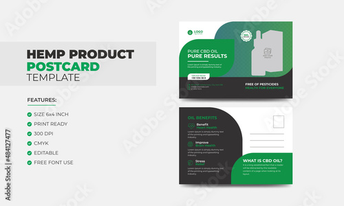 Hemp or CBD product postcard. Cannabis sativa product sale or promotion postcard design template