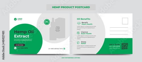 Hemp or CBD product postcard. Cannabis sativa product sale or promotion postcard design template