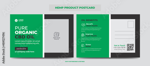 Hemp or CBD product postcard. Cannabis sativa product sale or promotion postcard design template