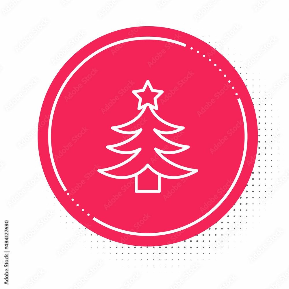 White line Christmas tree icon isolated on white background. Merry Christmas and Happy New Year. Red circle button. Vector White line Christmas tree icon isolated on white background. Merry Christmas and Happy New Year. Red circle button. Vector