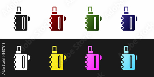 Set Electronic cigarette icon isolated on black and white background. Vape smoking tool. Vaporizer Device. Vector