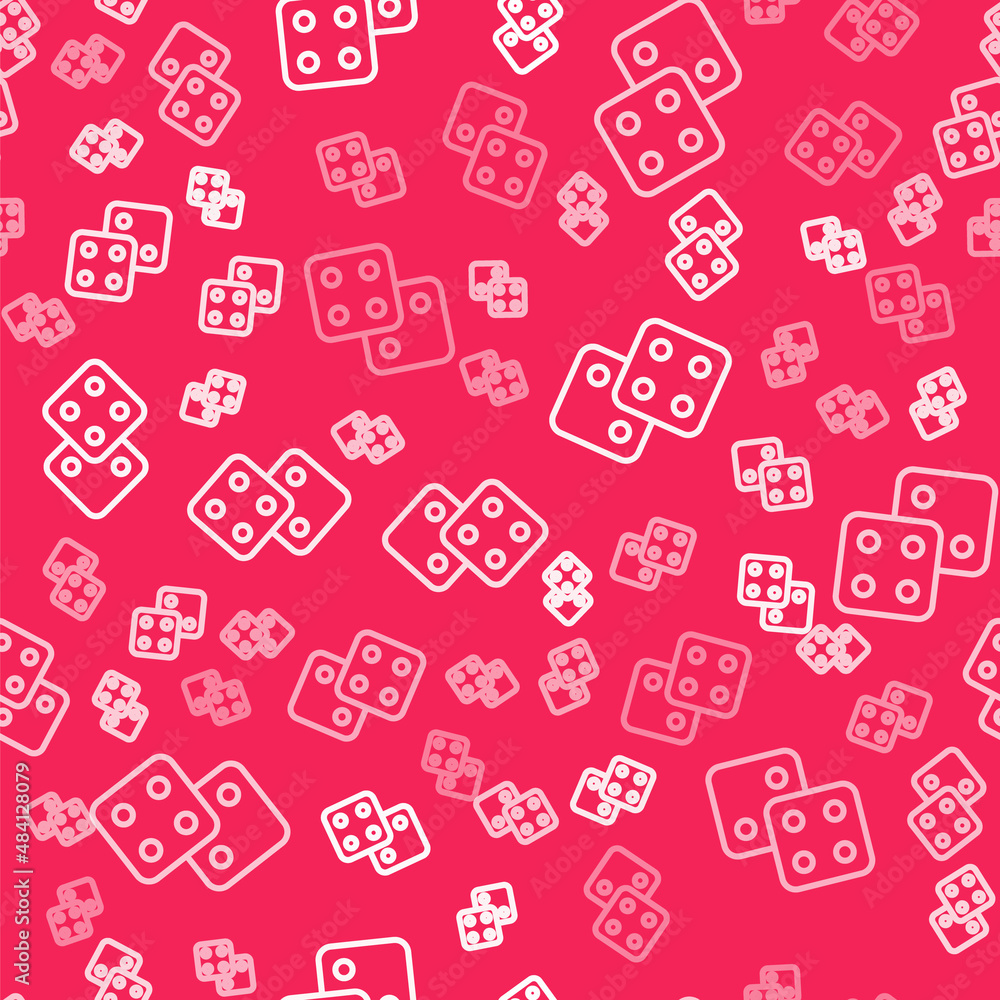 White line Game dice icon isolated seamless pattern on red background. Casino gambling. Vector White line Game dice icon isolated seamless pattern on red background. Casino gambling. Vector