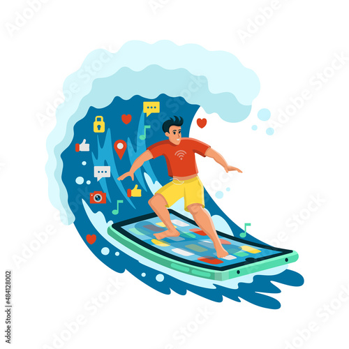 Guy surfing on the phone.Surf the internet. The concept of fast internet, new technologies, social networks, mobile games, applications, news. Vector illustration. Cartoon style.