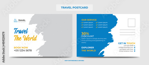 Modern Travel Postcard Design Template. Travel Company Postcard