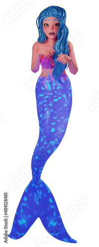 Beautiful mermaid with a bewildered face isolated on white background 3d illustration