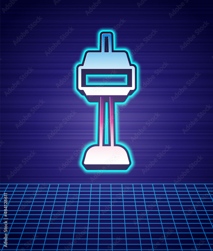 Obraz premium Retro style N Seoul tower in South Korea icon isolated futuristic landscape background. Seoul tower, Namsan tower in korea. 80s fashion party. Vector