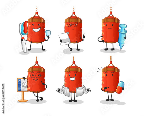 punching bag doctor group character. cartoon mascot vector