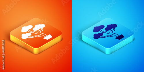 Isometric Japanese bonsai tree icon isolated on orange and blue background. Japanese culture, horticulture, olericulture hobby concept. Vector