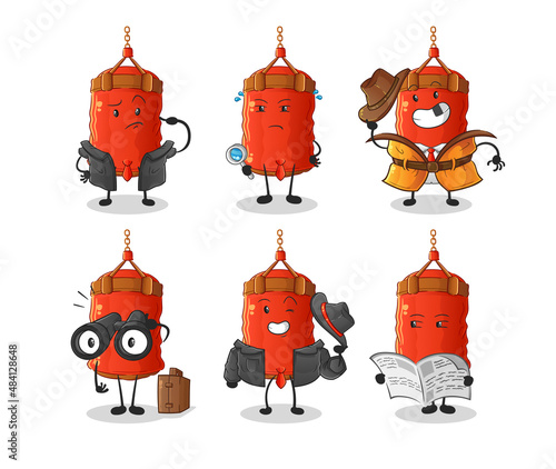 punching bag detective group character. cartoon mascot vector