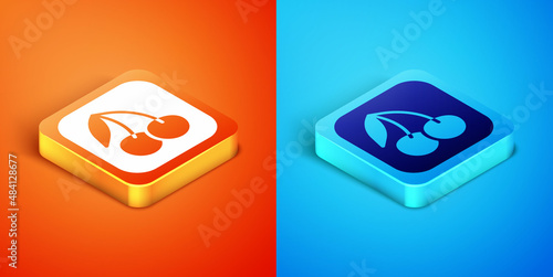 Isometric Casino slot machine with cherry symbol icon isolated on orange and blue background. Gambling games. Vector