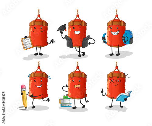 punching bag education set character. cartoon mascot vector