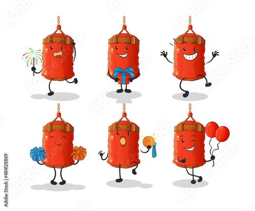 punching bag celebration set character. cartoon mascot vector