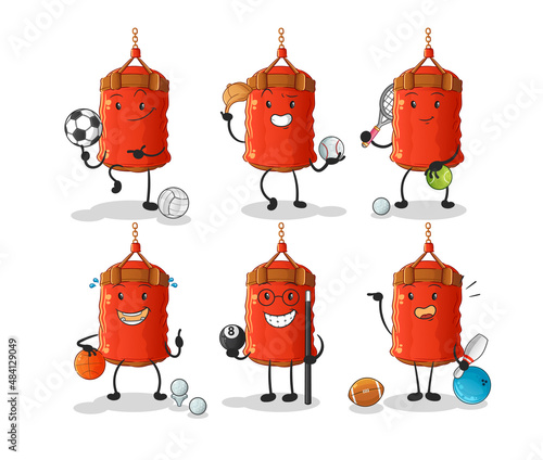 punching bag sport set character. cartoon mascot vector