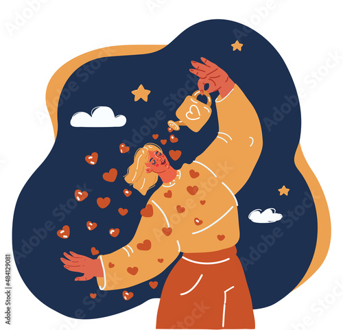 Vector cartoon illustration of happy and positive woman, smiling confident. Self love and self care concept. self love and self care