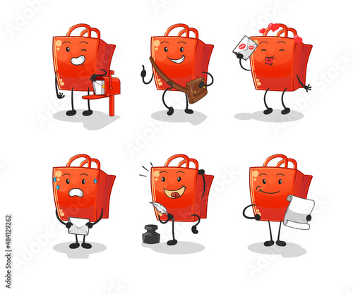 shopping bag postman set character. cartoon mascot vector