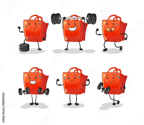 shopping bag exercise set character. cartoon mascot vector