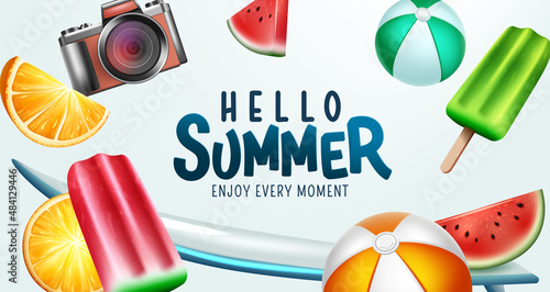 Summer vector background design. Hello summer greeting text with popsicle, beach balls and fruits tropical season elements for holiday vacation objects decoration. Vector illustration.
