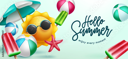Summer holidays vector background design. Hello summer text in with sun emoji character and tropical season objects for enjoy holiday season vacation. Vector illustration.
