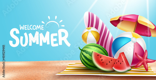 Summer greeting vector design. Welcome summer text in sand beach background with tropical season objects for holiday vacation outdoor picnic. Vector illustration.
