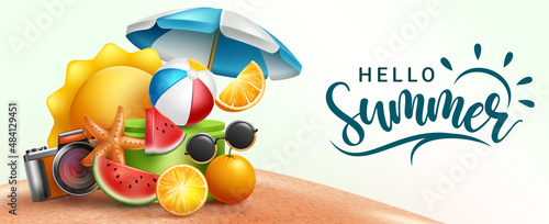 Summer season vector design. Hello summer typography text with tropical holiday elements in sand beach background for fun and enjoy outdoor day vacation. Vector illustration.
