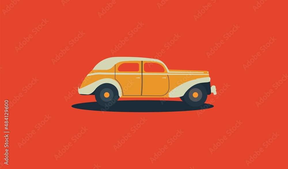 yellow retro car Checker on a red background