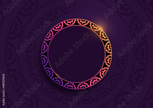 Cercle lumineux style mandala sur un fond violet profond, cadre décoratif éclairé par une touche de lumière, ressource pour présentation avec espace pour texte, bien-être, ayurveda ou cosmétique