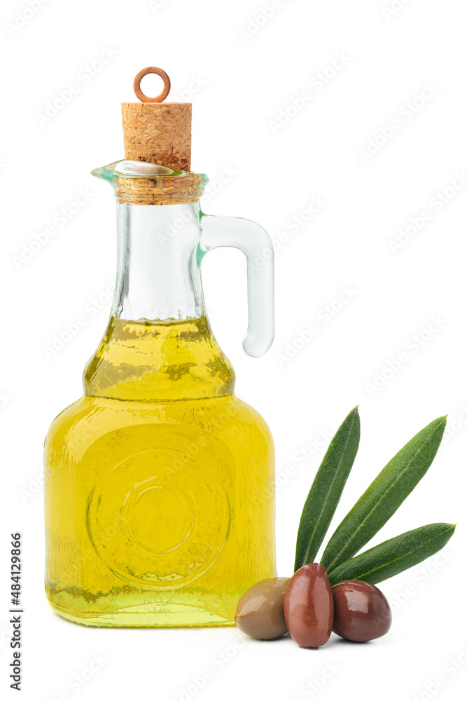 Glass bottle with olive oil isolated on white background