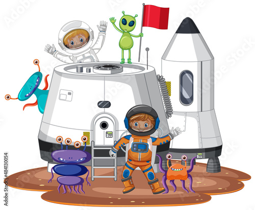 Astronauts on planet surface with colony buildings