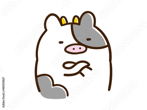 腕を組んで考えるかわいいうしのキャラクターの手書き風イラスト