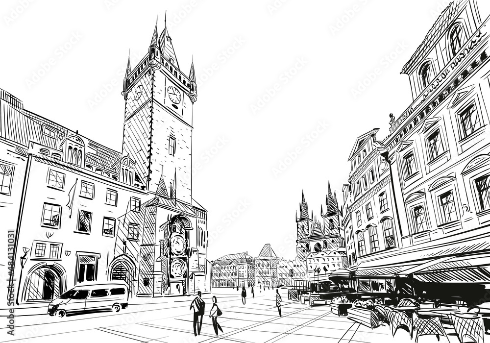 Prague city hand drawn sketch. European city, vector illustration