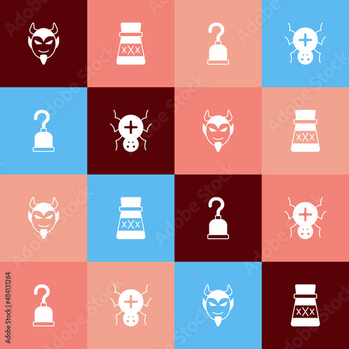Set pop art Devil head, Bottle with potion, Pirate hook and Spider icon. Vector