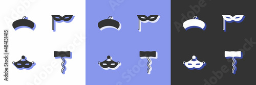 Set Wine corkscrew, French beret, Carnival mask and icon. Vector